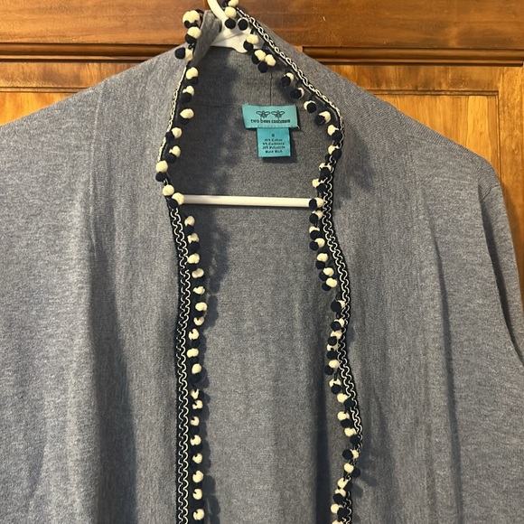 Two Bees Cashmere Ellery Cardigan—Blue Pom Pom - Picture 3 of 6